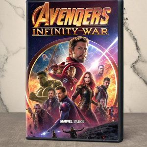 DVD cover of Avengers: Infinity War. High-action poses of the ensemble cast, vibrant and dynamic. Rich color palette of warm and cool tones. Prominent Marvel Studios logo and title.