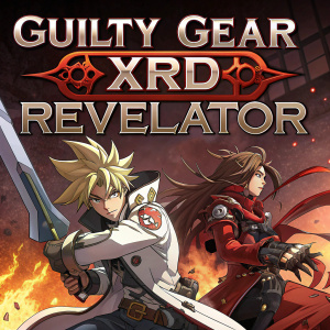 Video game cover for 'Guilty Gear Xrd Revelator'. Dramatic illustration showcasing fierce combat scenes. Dark, fiery background. Prominent title in bold, sleek font. Stylized anime-inspired art style.