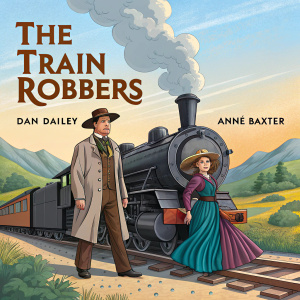 Colorful movie poster for 'The Train Robbers'. Dan Dailey and Anne Baxter in classic western attire, standing next to a vintage train.