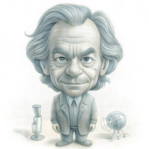Draw a caricature of Richard Feynman. His head is much larger than his body, like a bobblehead doll. Behind him, as part of the background, there are sketches of his famous "Feynman Diagrams".