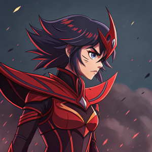 Digital artwork featuring Matoi Ryuuko, a main character from *Kill la Kill*. Character displays fierce determination. Background is dark and foreboding. Matoi wears her iconic red outfit with detailed design elements. Vibrant color palette includes red, black, and other striking hues.