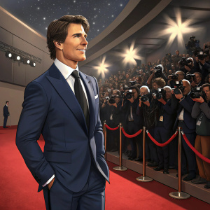 Tom Cruise at the premiere of his latest film. Wearing a navy blue suit and black tie. Confident stance. Crowded auditorium with flashing cameras