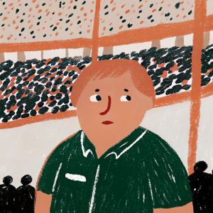 Sam Cane, intense stare, wearing a green rugby shirt with white sponsor logos. In a bustling stadium, surrounded by fans.