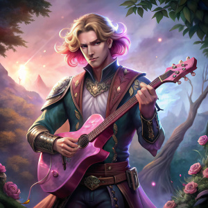handsome HUMAN bard with pink guitar on DnD universe