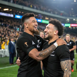 Rugby stars Ardie Savea and Sonny Bill Williams celebrating on the field post-game. Crowded stadium in background