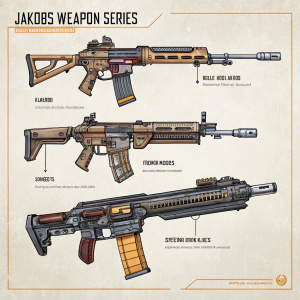 Illustration of Jakobs Weapon series from Borderlands 3. Various models of assault rifles. Detailed technical drawing style. Focus on barrel types, stocks, and other distinguishing features.