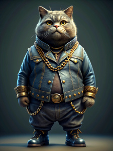 Stocky cat with gold chains dressed in jeans, boots and leather jacket, looking respectable