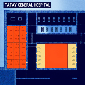 Technical blueprint of TATAY General Hospital. Detailed layout with precise measurements. Labeled areas for departments, emergency room, and patient wards. Professional architectural diagram.