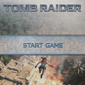 A promotional banner for the game Tomb Raider featuring a dynamic scene with the protagonist Lara Croft in action. Set against a backdrop of ancient ruins and dense jungle. Dark earthy tones with flashes of fiery hues. The page includes a large interactive button 'Start Game' and textual highlights about key game features. The illustration style is reminiscent of modern video game graphics.