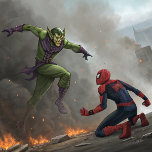 Dynamic illustration of Green Goblin mid-flight, surrounded by fiery chaos. Spider-Man crouches in defensive stance to the side.