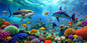 divers in the ocean swimming at the coral reef, in the background you can see beautiful colorful fish and a whale in the background, high quality, 8k, super realistic realistic elements