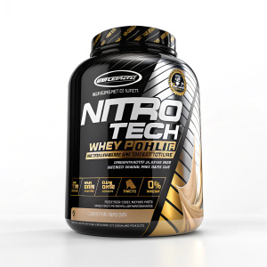 A high-quality image of the MuscleTech Nitro-Tech Whey Protein Powder. The packaging features a sleek black and gold design with the company logo prominently displayed. The product details and nutritional information are clearly outlined.
