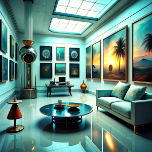 A Neo Futurist home environment, futuristic furniture and a record player controlled by artificial intelligence, paintings where I can add visuals to the walls
