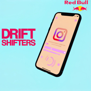 Large promotional image for Red Bull Drift Shifters. Smartphone prominently displayed on left side showcasing the game interface. Instagram app featuring Red Bull logo. Modern, sleek background with text highlighting the prize-winning game mechanics.