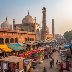 The grand Jama Masjid mosque in Old Delhi. Crowded streets, vibrant market, various vendors selling spices, fabrics, and handicrafts.