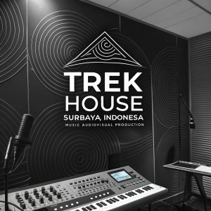 Digital artwork showcasing Trek House, a recording studio in Surabaya, Indonesia. Featuring a sleek, modern logo in black and white. The graphic includes swirling patterns and information about the studio's services in music and audio visual production.