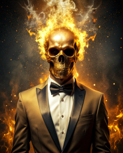 effect, photoshop action, realistic golden skull with human body in tuxedo gold on head, flames of fire, sparks, dust, explosion, effect, quality xd, 