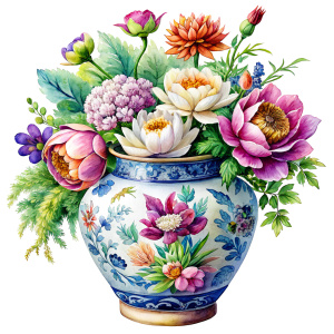 a WATERCOLOR IMAGE, Antique Ceramic Antique Vase Chinese Dragon Pattern Porcelain.THERE ARE IN THE VASE : amaranth peonies , green WEEDS ,burgundy PEONIES, orange Bougainvillea, purple dandelions ,plum geranium, Narcissus,yellow  crocusES ,mauve daffodil ,mustard roses ,amaranth Damarion s, pink tulips , pink freesia , lavender Common Crape Myrtle ,red Watsonia ,tritoma.carmine Chandramallika, burgundy VIOLETS ,SEPHIA SISYMBRIUM,CREAM CHAMOMILE , teracotta bluebell ,yellow Frangipanis