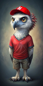 aguila harpia  jovende caricatura con camiseta gris y gorra roja, de estatura pequeña y cabeza mediana y ojos grandes y blancos