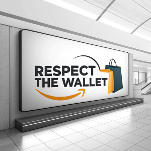 Creative ad featuring Amazon's logo. Prominent slogan 'Respect the Wallet' displayed. Sleek white background