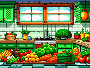 a clean kitchen. lot of fresh vegetables. main color green