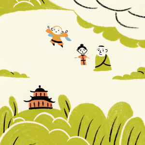 Digital artwork inspired by Avatar: The Last Airbender, featuring Aang, Katara, and Sokka in a vibrant landscape. Incorporating elements of traditional East Asian art with a modern, colorful twist.