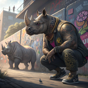 Digital art of Rocksteady. Thick horns and punk-themed tattoos. Squatting in front of a vibrant graffiti-covered wall. Large rhino-like creature visible in the background