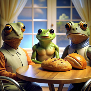Toad, bread, and alien are sitting in the room