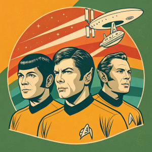 Vintage graphic from Star Trek series, featuring characters in a retro color scheme of orange, green, and yellow, reminiscent of 1960s aesthetics.