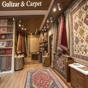 A detailed image of Gulizar & Carpet, an antique shop located in Antalya, Turkey, showcasing an array of carpets and tapestries.