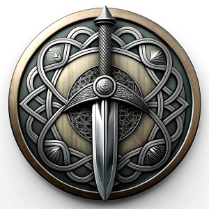 nordic sword and shield geometric symbols -  tattoo design - perfect realistic art - high-definition - grey and black - white background 