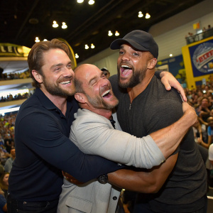 Richard Rankin, Christopher Meloni, Ricky Whittle, and David Harbour in a playful group hug at a packed Comic-Con event.