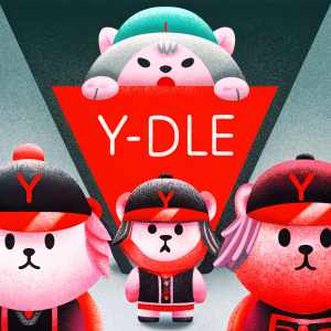 Digital art featuring League of Legends yordles. Vibrant colors, modern style, anthropomorphic characters, varied poses and outfits. Neutral grey background, detailed accessories, unique character designs, Y-DLE text.