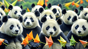  A group of giant pandas folding paper cranes