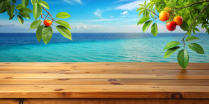 Wooden table top on blue sea, leaves, fruits