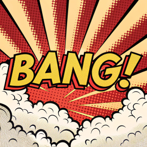 A dynamic 'BANG!' in bold, comic book font. Colorful with halftone dots in red, yellow, black. Background shows an explosive cloud with layered shapes. Style: graphic, high contrast, comic strip.