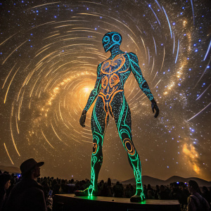 In a vibrant, surreal landscape, an alien figure from JoJo's Bizarre Adventure series. Glowing with neon blues, greens, and oranges. Floating amidst a galaxy of swirling, starburst patterns, set against a backdrop of radiant gold.