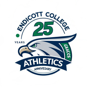 Endicott College Athletics Anniversary Logo. A dynamic design featuring a sleek seagull icon alongside the numeral 25 in metallic blue. The phrase '25 Years of Excellence' arcs above, rendered in bold green. This modern emblem celebrates decades of athletic achievement.
