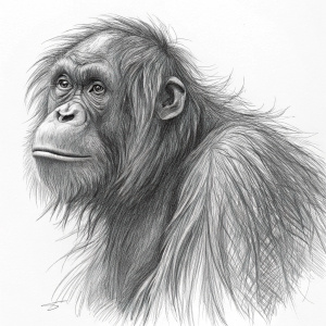 Detailed sketch of an orangutan. Expressive face, textured fur, looser lines focusing on form.