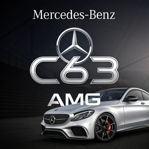 Mercedes-Benz C63 AMG logo. Modern font with sleek design. Black background, metallic emblem in center. Three-pointed star emblem with geometric design, silver color.