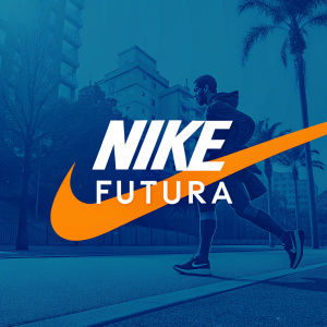 The Nike Futura logo on a sleek, modern ad. Vibrant blue background with an orange horizontal line beneath the bold sans-serif font.