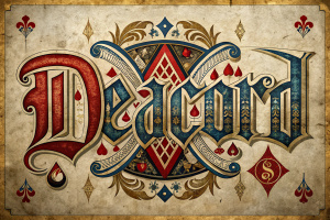 playing card in medieval style on which the word DEACORD is written in Slavonic font