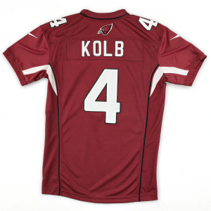 Youth-sized Arizona Cardinals replica jersey, deep red with white trim. Features the name 'KOLB' and number 4. Authentic look with the team logo. Tag at bottom