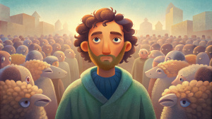 In the hustle and bustle of the marketplace, the young shepherd seems out of place. The world around him is a swirl of colors and voices, vibrant and loud, yet he stands alone, serenely detached. His light brown curls and beard set him apart from the multitude, providing an aura of familiarity and comfort. Yet, his eyes, deep and brooding, make it clear that he isn't a part of this world, merely an observer. His linen tunic, though simple in comparison to the intricate garb of the city dwellers,