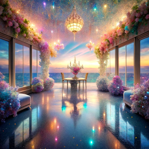 close masterpiece  dreamland  soft color PRISM Effect furnitures room full of sea water clouds flowers   ultra intense crystal effect ultra glitter Photoshop Photo Manipulations  Holographic liquid Patent Spandex Vinyl   Dreamscape     very much glitter sparkly fantasized glam Sprinkle Shimmering Bioluminescent fairytale masterpiece  Magical   Shimmering   Ultra iridescence UV Glow Rainbow