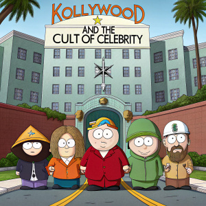Cartoon illustration of Scientology building. Eric Cartman, Kyle Broflovski, Stan Marsh, and Kenny McCormick standing in front. Wearing their iconic outfits. Satirical text above: 'Hollywood and the Cult of Celebrity'. South Park style animation