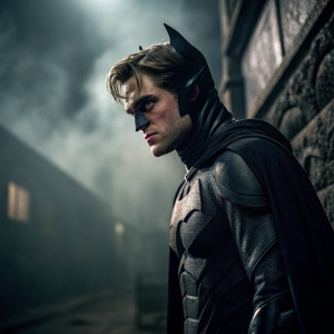 Robert Pattinson, in a brooding pose for Batman. Dark and moody backdrop. Intense stare