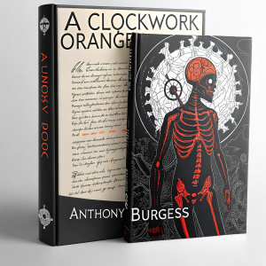 Book cover design for 'A Clockwork Orange' by Anthony Burgess. Front cover features a detailed illustration of a skeletal figure in black and red. Back cover includes handwritten text and an abstract design, also in black and white.