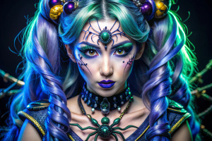 Sailor Moon Minatozaki Sana and Sailor Moon Sky Bule spider Kitagawa Keiko, Villainous Club, corrupting other Winx Club, transforming into an evil form, dark sky blue, dark olive green, deep purple, deep indigo spider-style makeup, hair featuring blue, purple, and green gradient highlights, adorned with magnificent spider tattoos, indigo, purple, and sky blue-lipped Villainous laughter, holding evil claw, witnessing the birth of the Banshee Club.