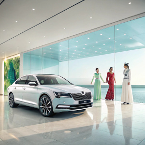 Sleek Skoda Nejmix car parked in a modern, brightly lit indoor showroom. Surrounded by elegantly dressed models in traditional attire. Vibrant and digitally enhanced background